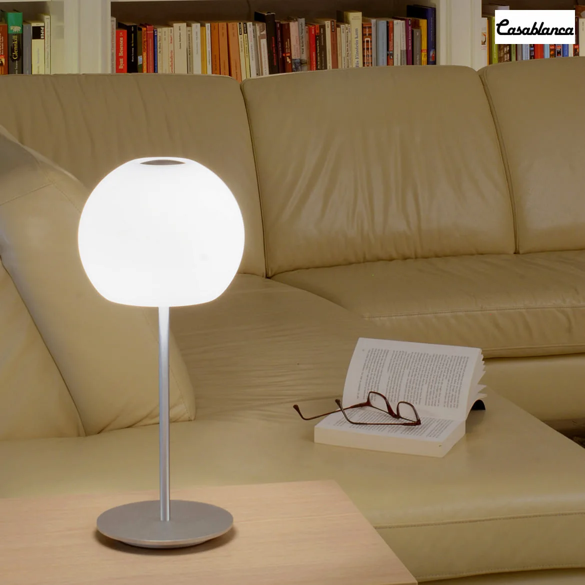 Casablanca Lampe de table BALL langue, avec interrupteur G9 IP20, aluminium brossé, opale, blanc mat Casablanca Lampe de table BALL langue, avec interrupteur G9 IP20, aluminium brossé, opale, blanc mat