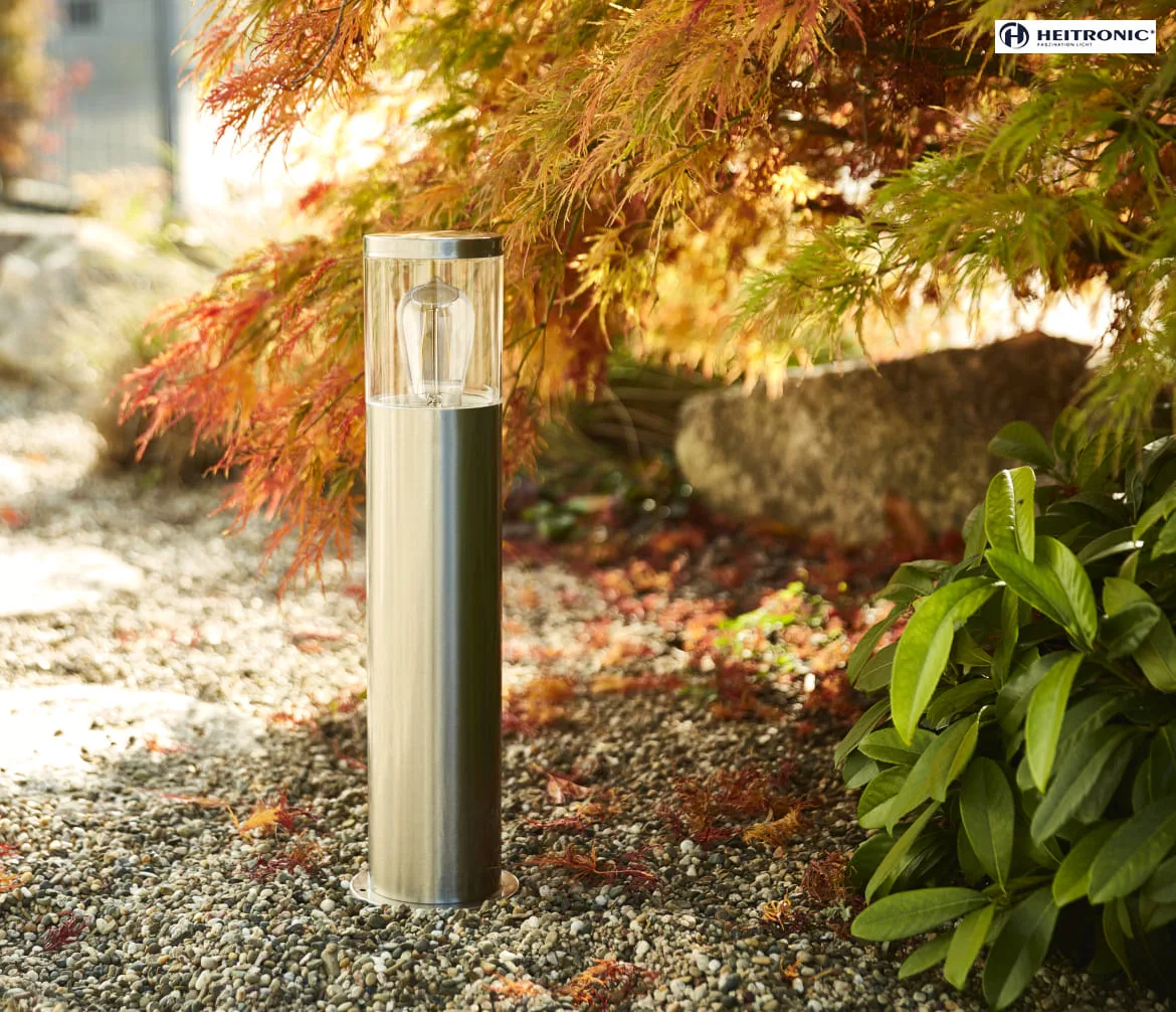 HEITRONIC Luminaire d'allées NAXOS cylindrique, court E27 IP44, acier inoxydable gradable HEITRONIC Luminaire d'allées NAXOS cylindrique, court E27 IP44, acier inoxydable gradable
