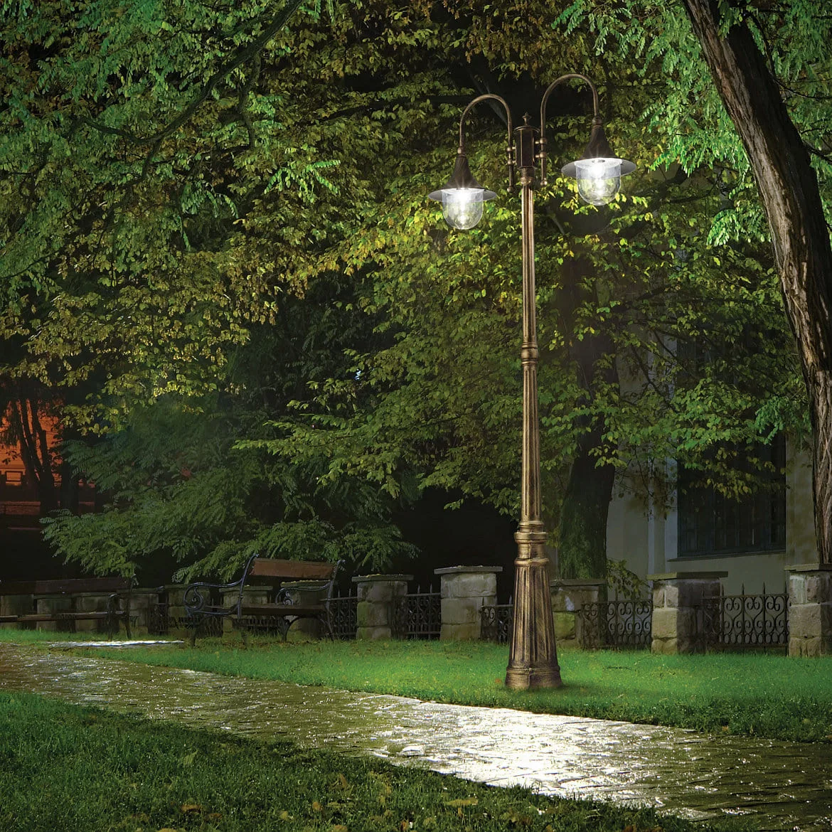 Ideal Lux Lampadaire d’extérieur CIMA PT2 à 2 flammes E27 IP44, or Ideal Lux Lampadaire d’extérieur CIMA PT2 à 2 flammes E27 IP44, or