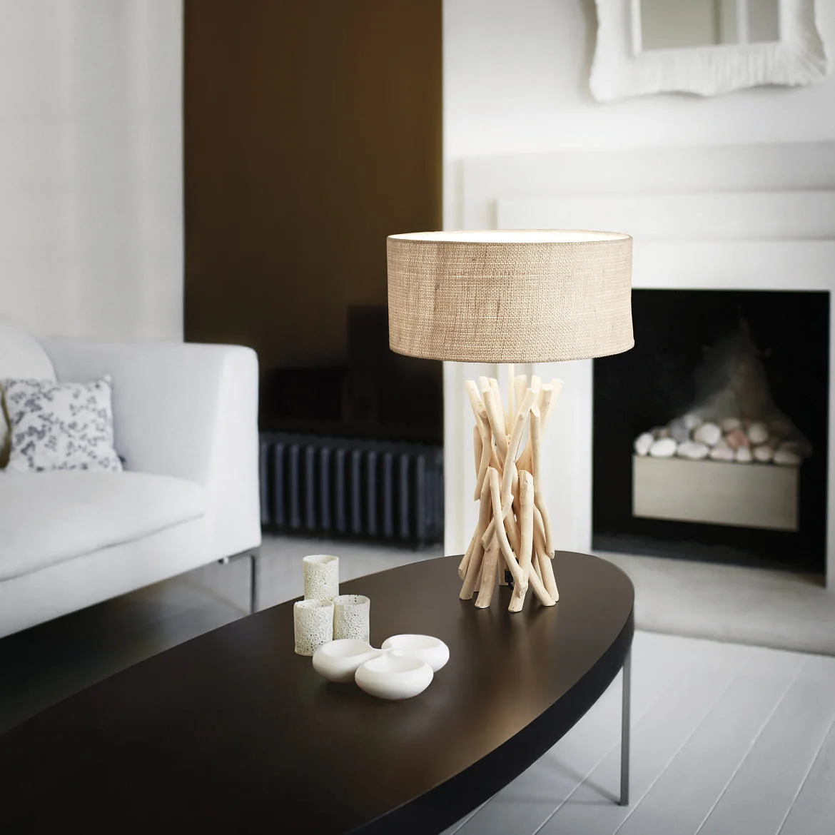 Ideal Lux Table luminaire DRIFTWOOD, 1 flame, round, with fabric shade, E27, metal / natural wood Ideal Lux Table luminaire DRIFTWOOD, 1 flame, round, with fabric shade, E27, metal / natural wood