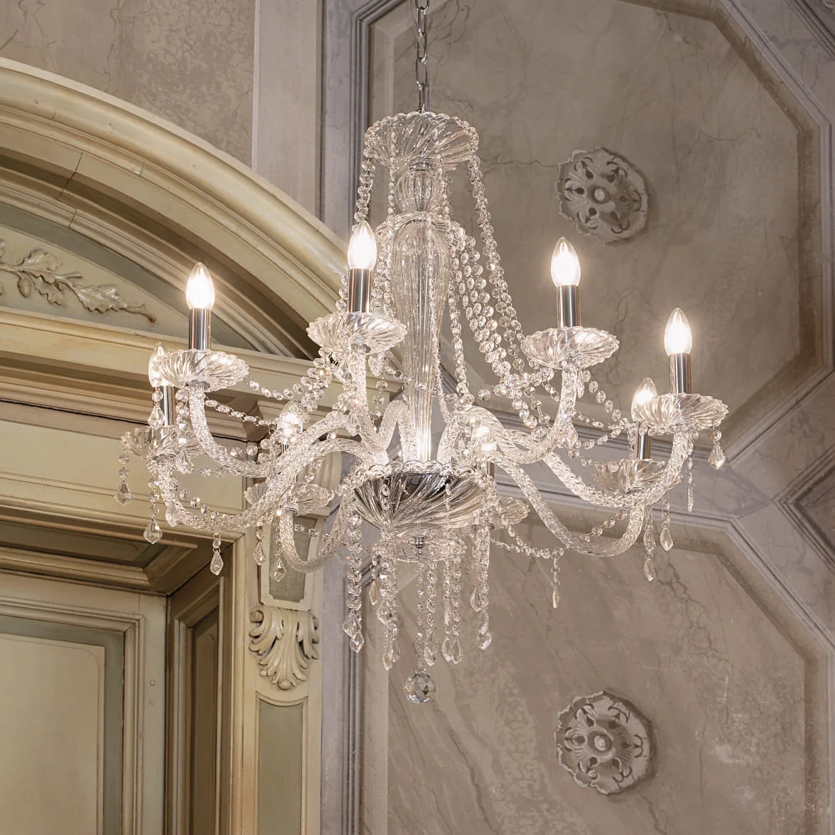 Ideal Lux Chandelier AMADEUS, 8 flames, Ø 80cm / H 180cm, E14, chrome / glass and transparent chrystal Ideal Lux Chandelier AMADEUS, 8 flames, Ø 80cm / H 180cm, E14, chrome / glass and transparent chrystal