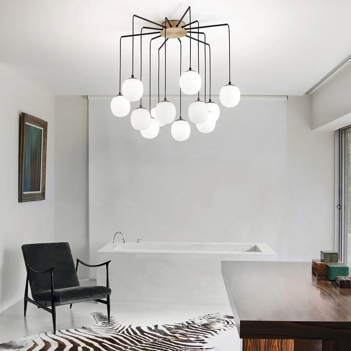 Ideal Lux Luminaire à suspension RHAPSODY 12 flammes G9 IP20, laiton brossé, blanc opale, noir Ideal Lux Luminaire à suspension RHAPSODY 12 flammes G9 IP20, laiton brossé, blanc opale, noir