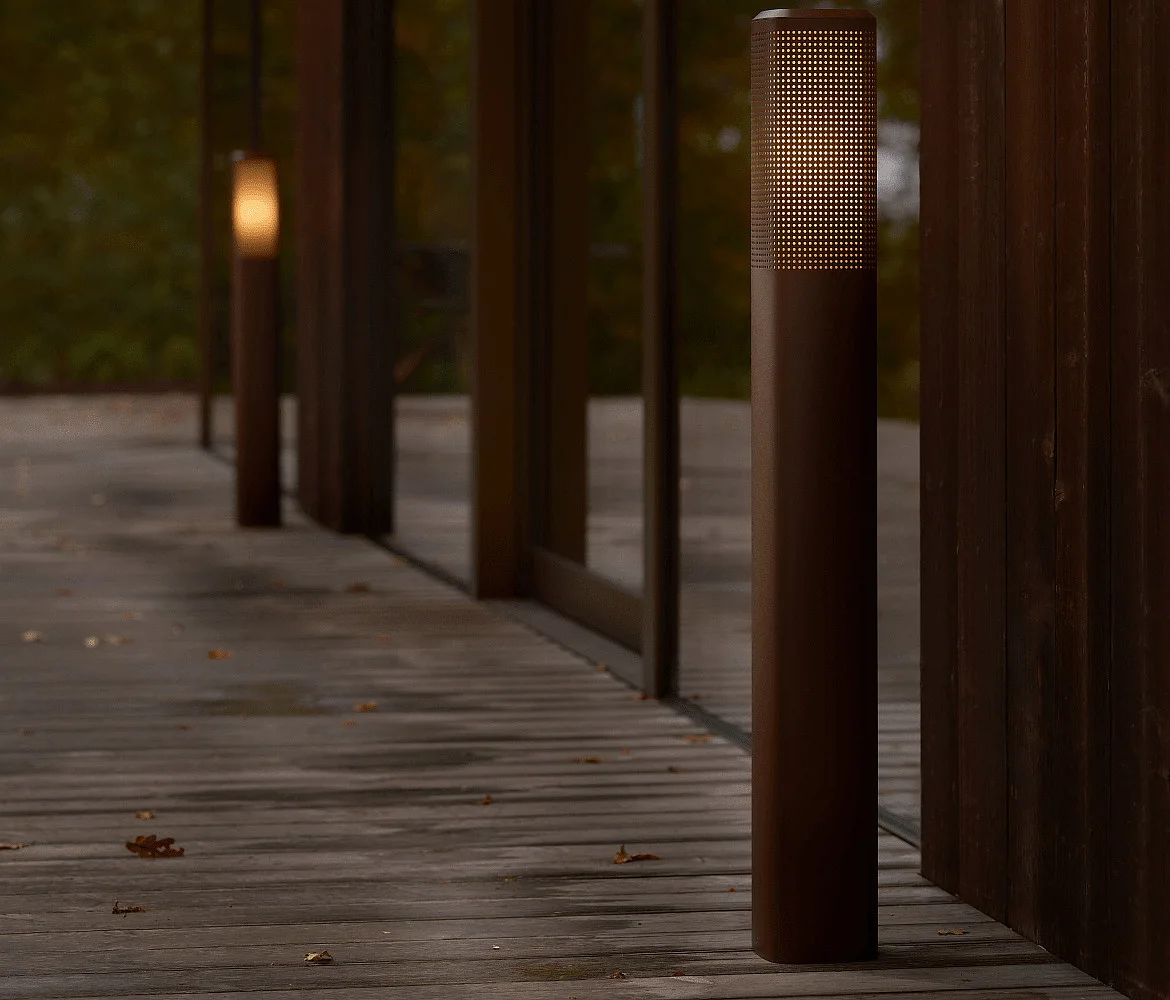 Nordlux bollard light SIDARA 95 square, perforated, sea-air resistant, with lamp socket E27 IP44, seaside metallic brown Nordlux bollard light SIDARA 95 square, perforated, sea-air resistant, with lamp socket E27 IP44, seaside metallic brown