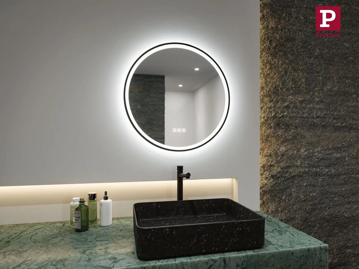 Paulmann mirror with lighting MIRRA LED Ø 59CM round, CCT Switch, with touch dimmer, with heating function IP44, mat, black dimmable Paulmann mirror with lighting MIRRA LED Ø 59CM round, CCT Switch, with touch dimmer, with heating function IP44, mat, black dimmable