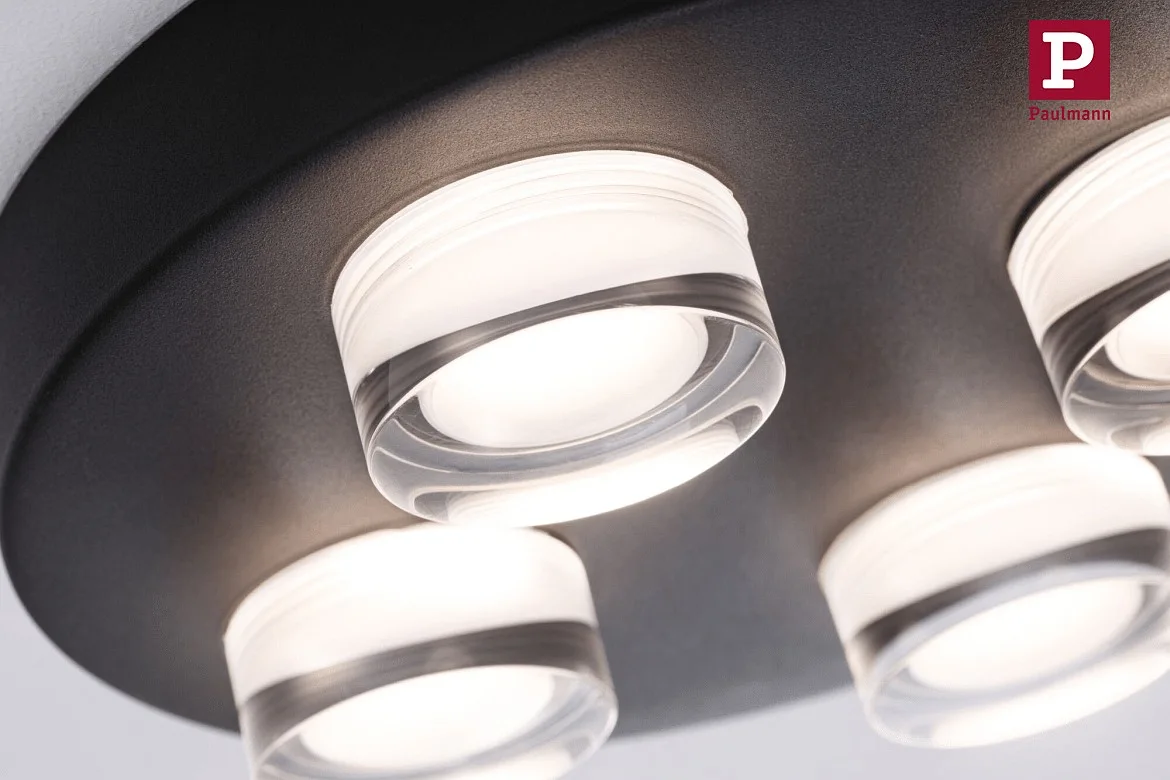 Paulmann Luminaire de plafond KAME Ø 250MM 4 flammes, rond, commutable IP44, mat, noir éclatant Paulmann Luminaire de plafond KAME Ø 250MM 4 flammes, rond, commutable IP44, mat, noir éclatant