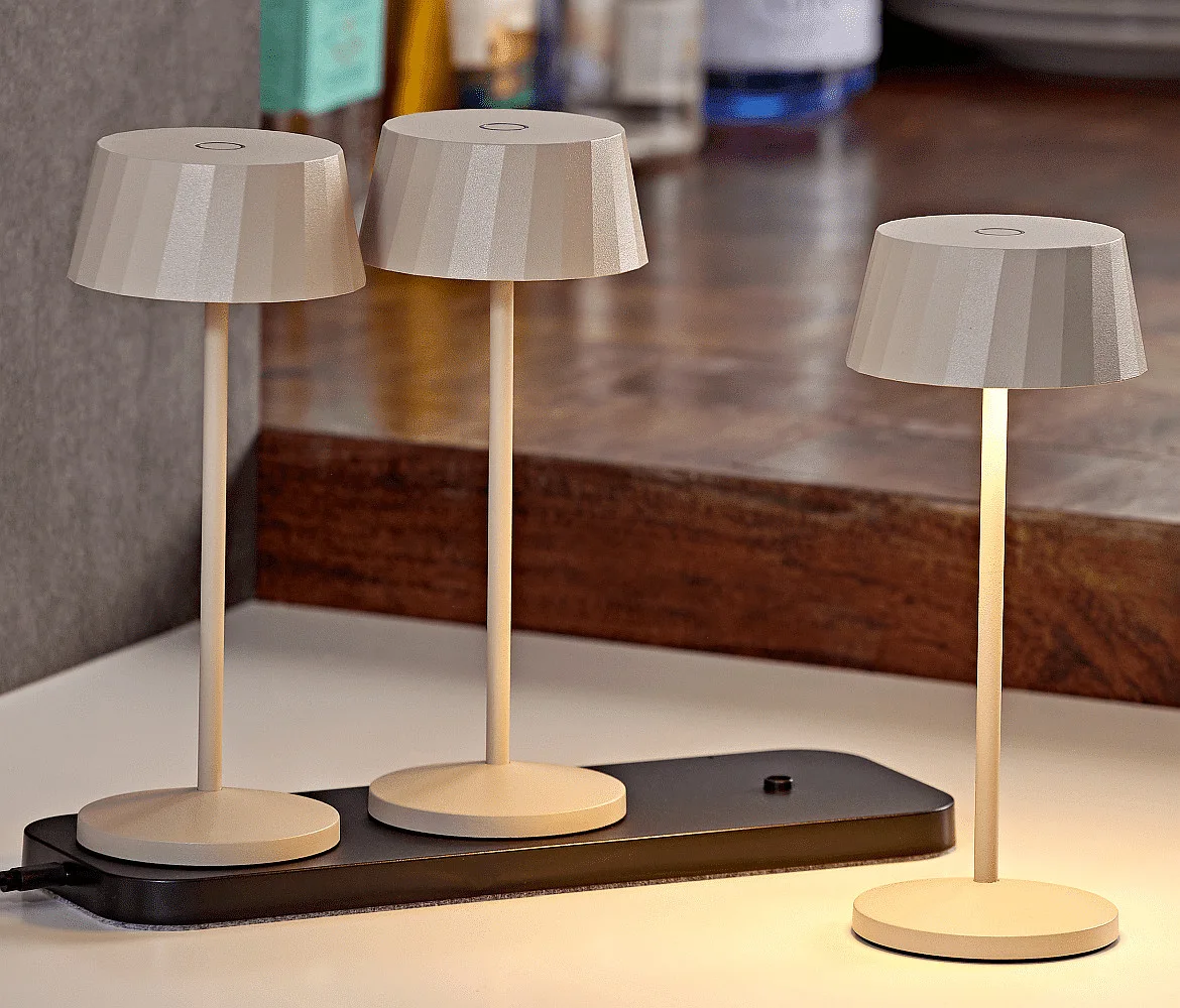 SIGOR battery table lamp FACETTA down, CCT Switch, set of 3, with touch dimmer IP44, dune beige dimmable SIGOR battery table lamp FACETTA down, CCT Switch, set of 3, with touch dimmer IP44, dune beige dimmable