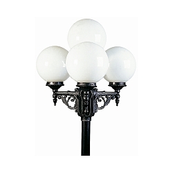 Outdoor Mast light 4 flames Type No. 2051 with ball Ø 25cm, IP44, height 233cm, 3x E27, cast alu / Opal glass, black-silver
