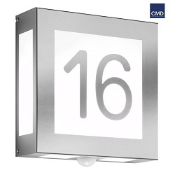 House number luminaire AQUA LEGENDO with motion detector, 2 digits, 2x E27, stainless steel / opal glass, brushed