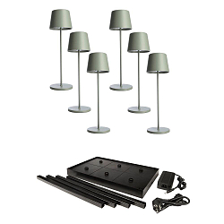 Lampe de table � accu CANIS GASTRO M avec variateur tactile, avec chargeur, 6 pi�ces IP65, mat, gris-vert gradable
