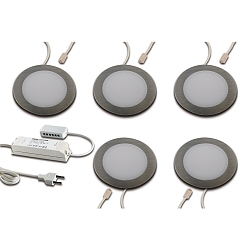 Luminaires pour meuble FAR 58 - LED-24 plat, rond, lot de 5 IP44/IP20, acier inoxydable bross� 