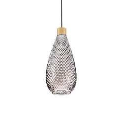 Pendant luminaire BERGEN 2, Ø 16cm / H 38cm, E27, smoked relief glass / wood / black