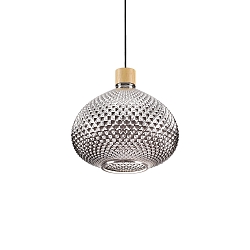 Pendant luminaire BERGEN 3, Ø 30cm / H 27cm, E27, smoked relief glass / wood / black
