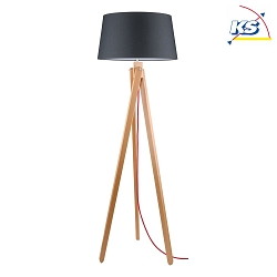 Standing luminaire RUNE, 155cm, E27, beech / anthracite shade / red cable