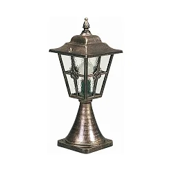 Pedestal luminaire Country style Cross brace Type No. 0532, 55cm, IP23, E27, cast alu, cathedralglass clear, brown brass