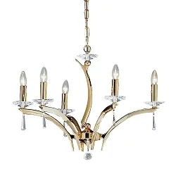 Pendant luminaire STELLA, 5 flames, 5x E27 max. 40W, brass cast / crystal, gold
