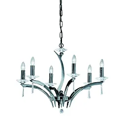 Pendant luminaire STELLA, 6 flames, 6x E14 max. 40W, brass cast / crystal, black chrome