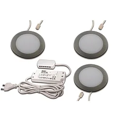 Luminaires pour meuble FAR 58 - LED-24 plat, rond, lot de 3 IP44/IP20, acier inoxydable brossé 