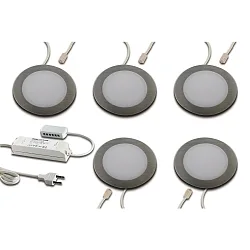 Luminaires pour meuble FAR 58 - LED-24 plat, rond, lot de 5 IP44/IP20, acier inoxydable brossé 
