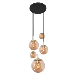 pendant luminaire BOLLIQUE 5 flames E27 IP20, amber, brass, black dimmable