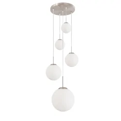 Steinhauer Pendant luminaire BOLLIQUE, 5 flames, glasskugeln white, fitting silver