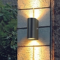 Steinhauer Luminaire mural d�ext�rieur LOGAN haut bas, rond, avec capteur de luminosit�, commutable GU10 IP54, noir mat 