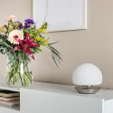Steinhauer table lamp ANCILLA round, short, with touch dimmer G9 IP20, steel brushed dimmable
